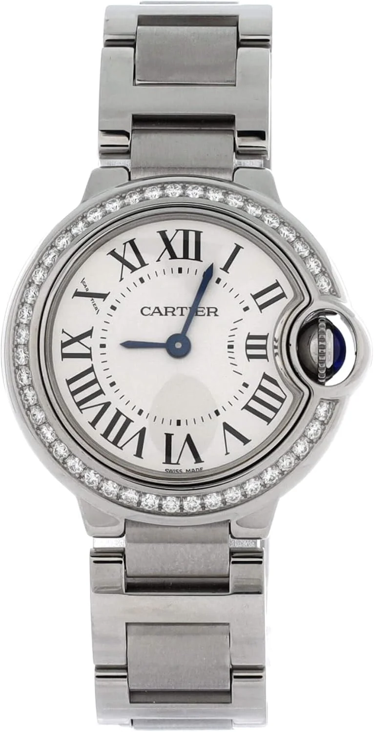 Cartier Ballon Bleu de Cartier 28mm (steel, diamond-set bezel, silvered dial, quartz, steel bracelet, pre-owned; second Rebag unit) — reference photograph