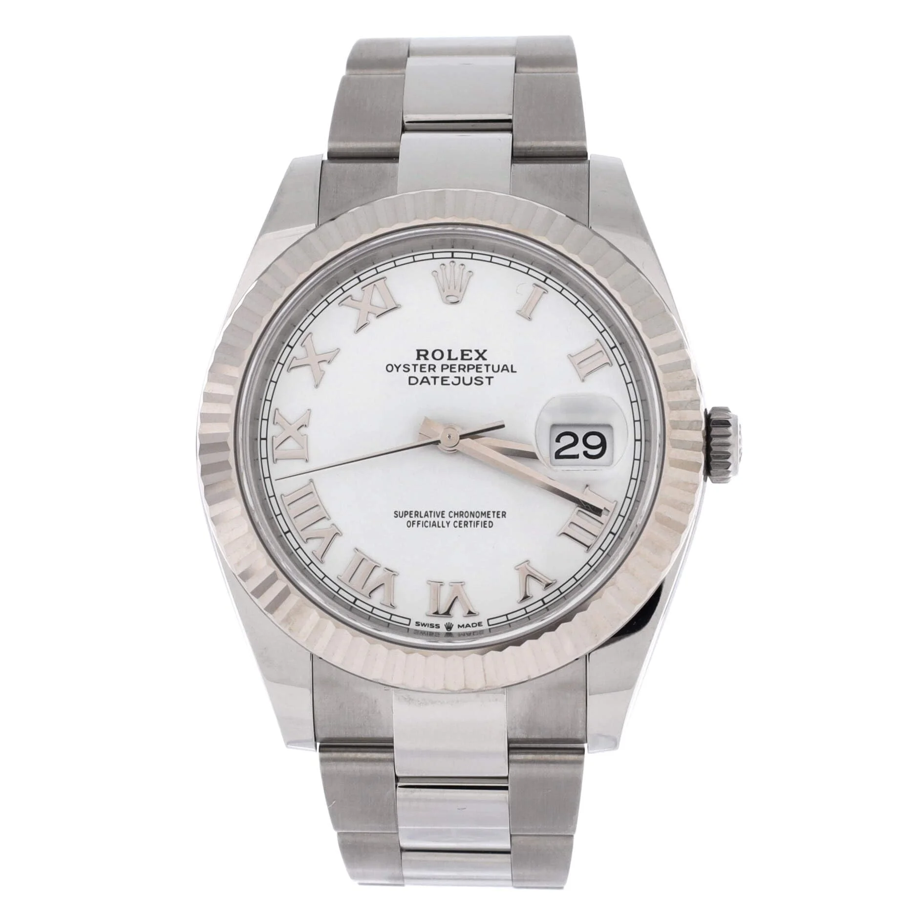 Rolex Datejust 41 (steel, white gold fluted bezel, white Roman dial)