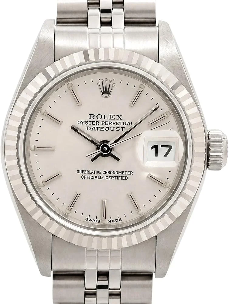 Rolex Lady-Datejust 26 ref. 79174 (steel, white gold fluted bezel, silver baton dial, Jubilee bracelet, serviced and polished, limited warranty, pre-owned) — reference photograph