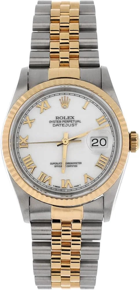Rolex Datejust 36 (steel and 18k yellow gold, white Roman dial, fluted bezel, Jubilee bracelet, service record, pre-owned) — reference photograph