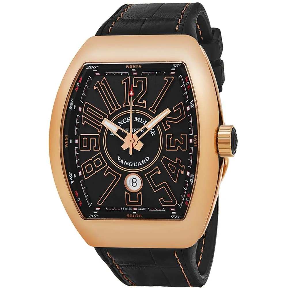 Franck Muller Vanguard V 45 SC DT 5N NR (18k rose gold, black guilloche dial, black leather-top rubber strap)