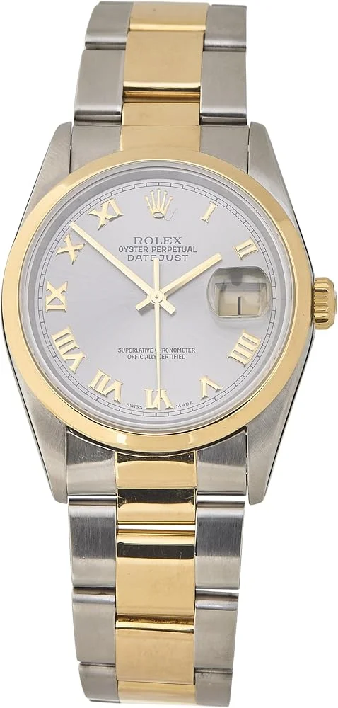 Rolex Datejust 36 ref. 16203 (steel and 18k yellow gold, smooth gold bezel, silver Roman dial, Oyster bracelet, pre-owned) — reference photograph