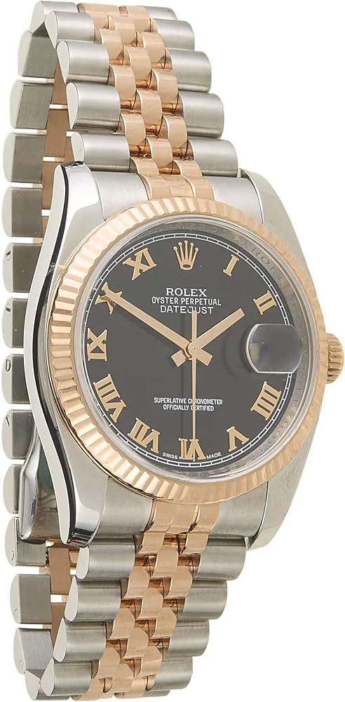 Rolex Datejust 36 ref. 116231 (steel and 18k Everose gold, black Roman dial, fluted bezel, Jubilee bracelet, box, pre-owned) — reference photograph