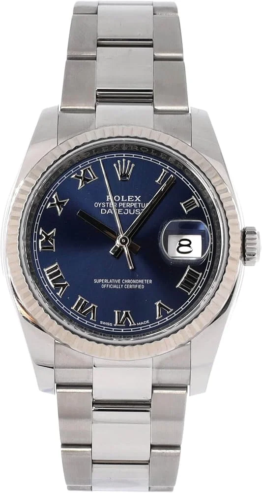 Rolex Datejust 36 (steel, white gold fluted bezel, blue Roman dial, Oyster bracelet, pre-owned) — reference photograph