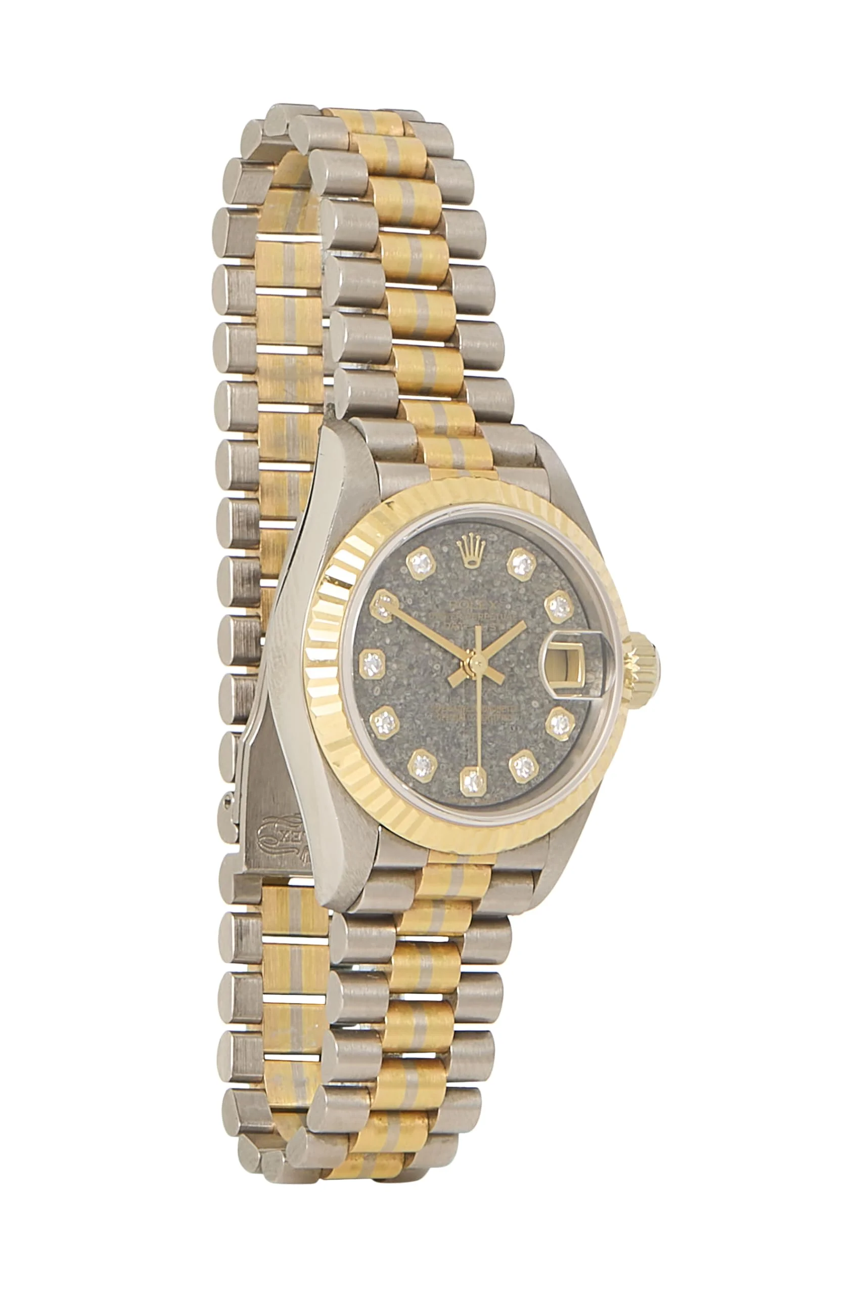 Rolex Lady-Datejust 26 69179 (white gold, yellow gold bezel, Jurassic fossil dial, Tridor President, box)