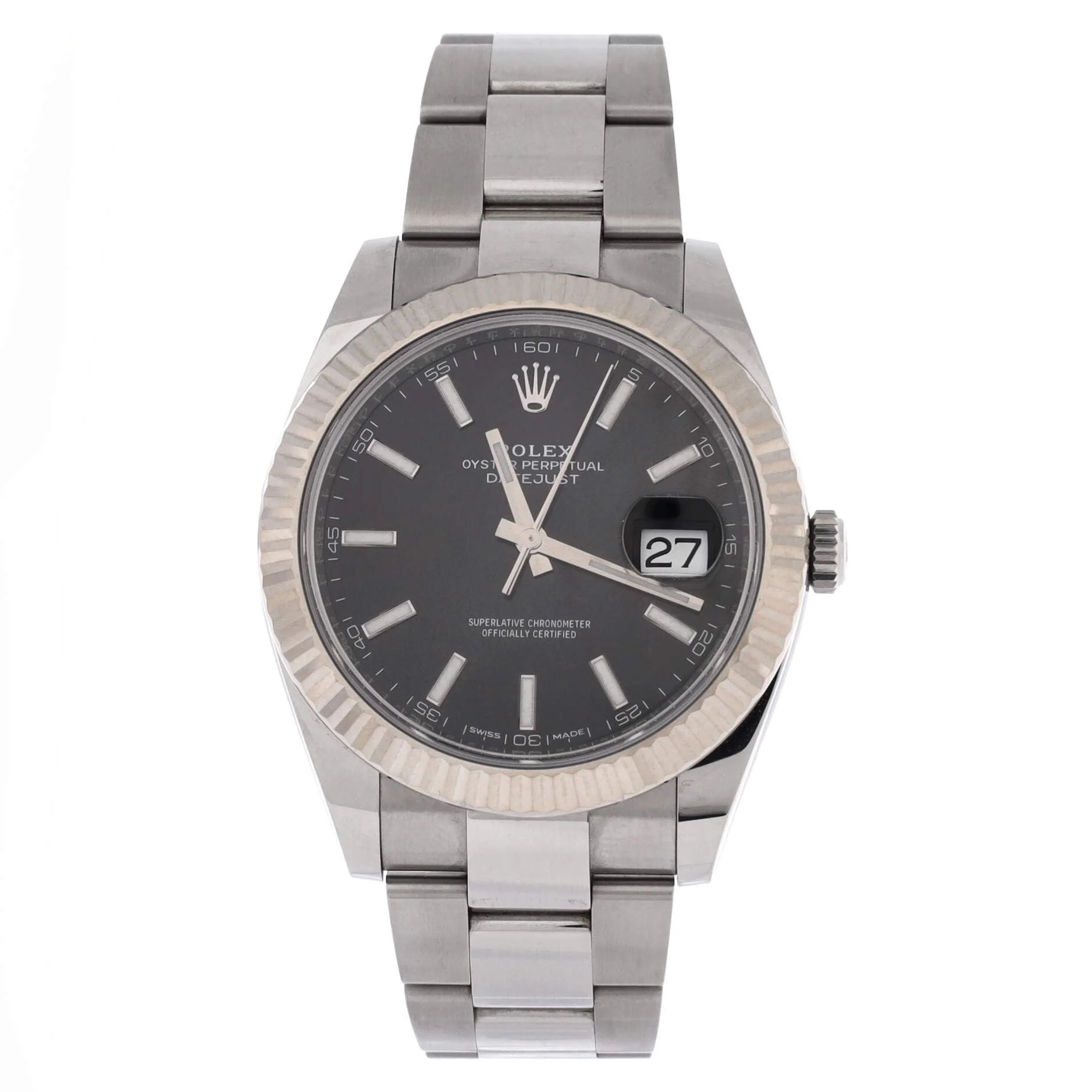 Rolex Datejust 41 (steel, white gold fluted bezel, black dial, box and card)