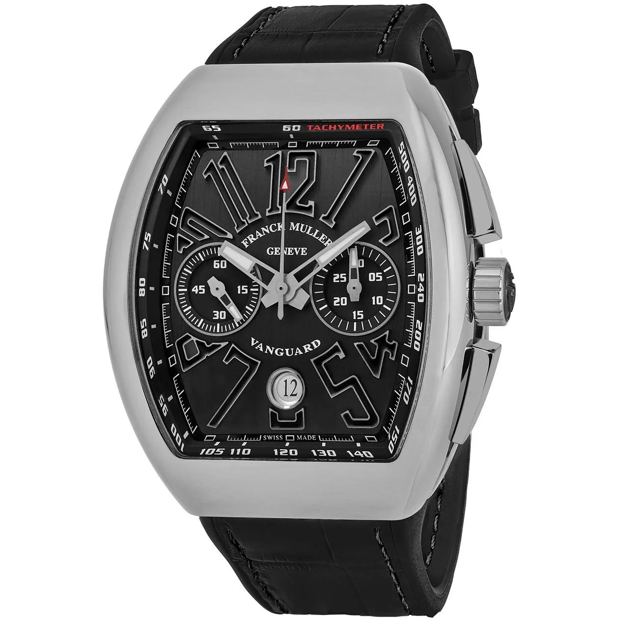 Vanguard V 45 CC DT AC BR.NR chronograph (polished steel, black guilloche dial, black leather-top rubber strap)