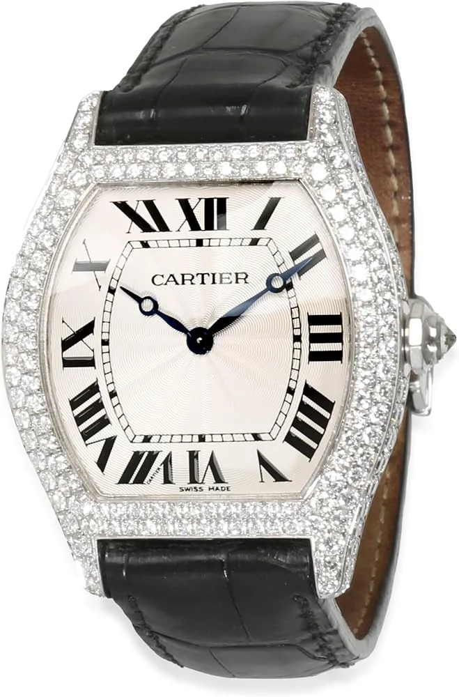 Cartier Tortue (18k white gold, diamond-set case, silvered guilloche dial, hand-wound, black alligator strap, service papers, pre-owned) — reference photograph