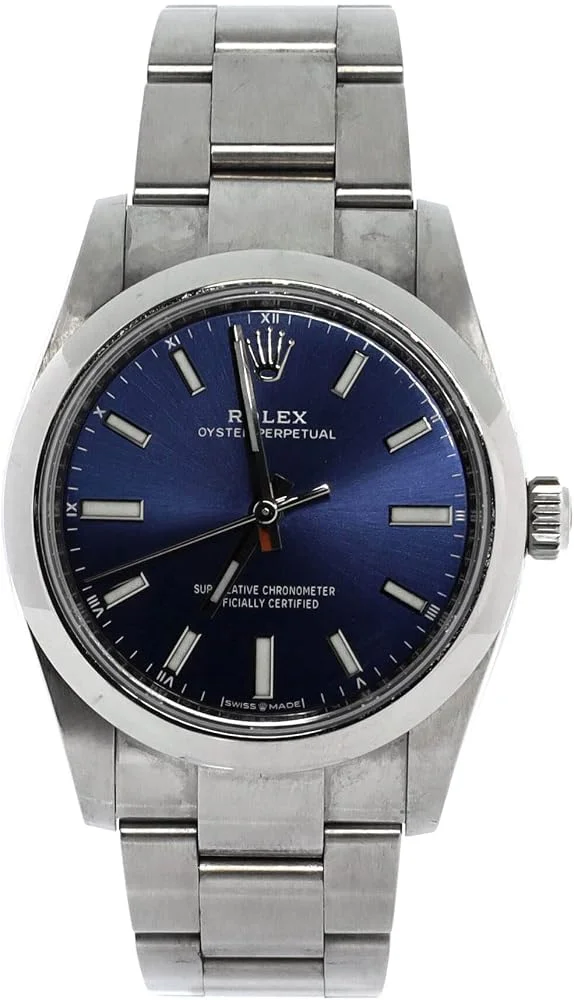 Rolex Oyster Perpetual 34 (steel, blue baton dial, Oyster bracelet, pre-owned) — reference photograph