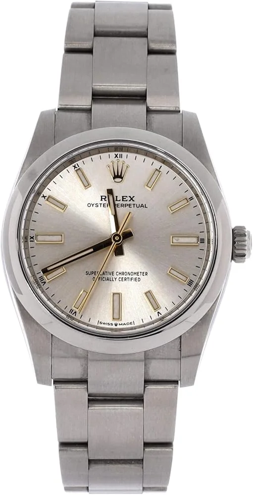 Rolex Oyster Perpetual 34 (steel, silver dial, Oyster bracelet, box and dated warranty card, pre-owned) — reference photograph