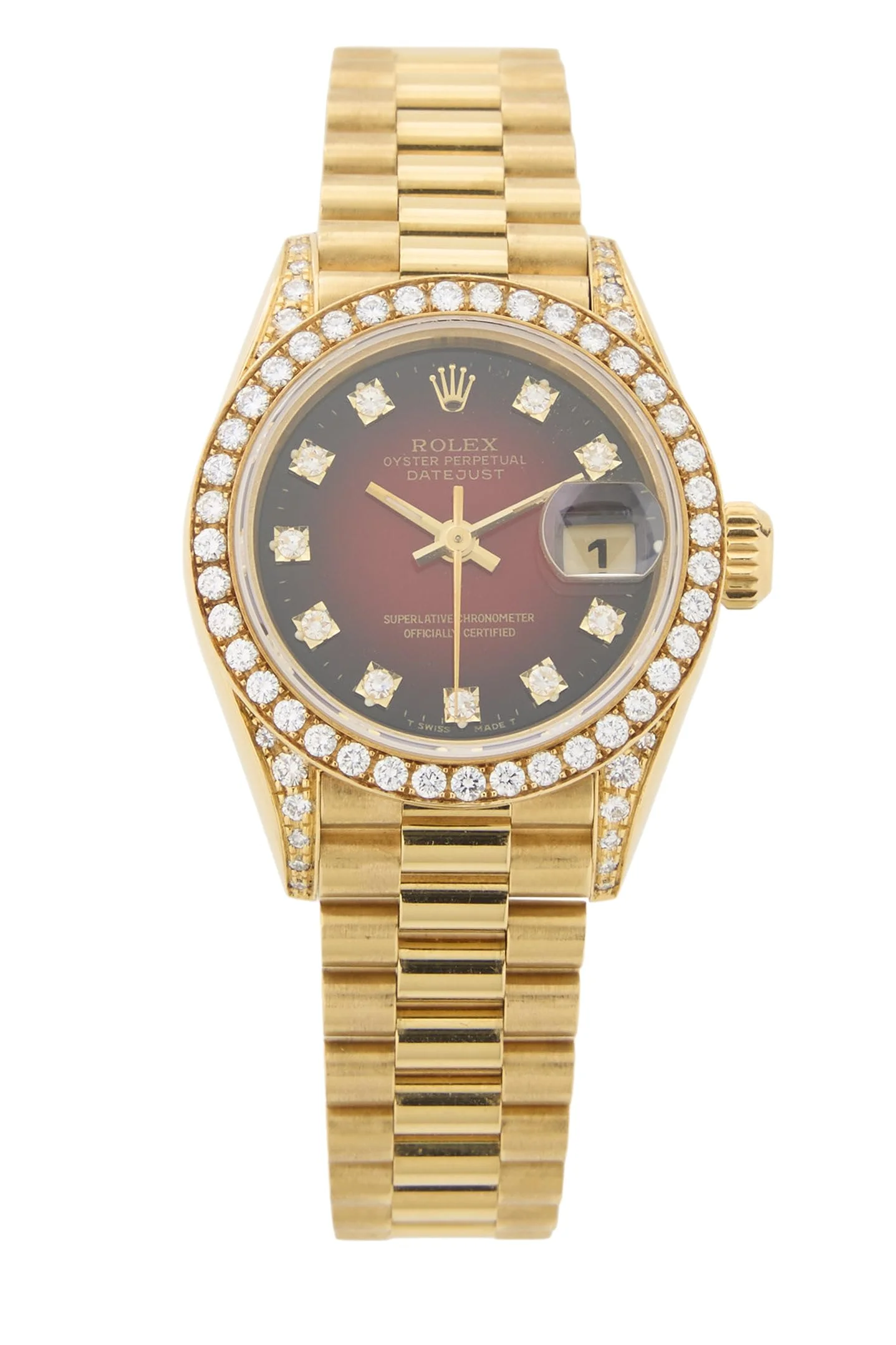 Rolex Lady-Datejust 26 (18k gold, diamond bezel and lugs, red vignette dial)