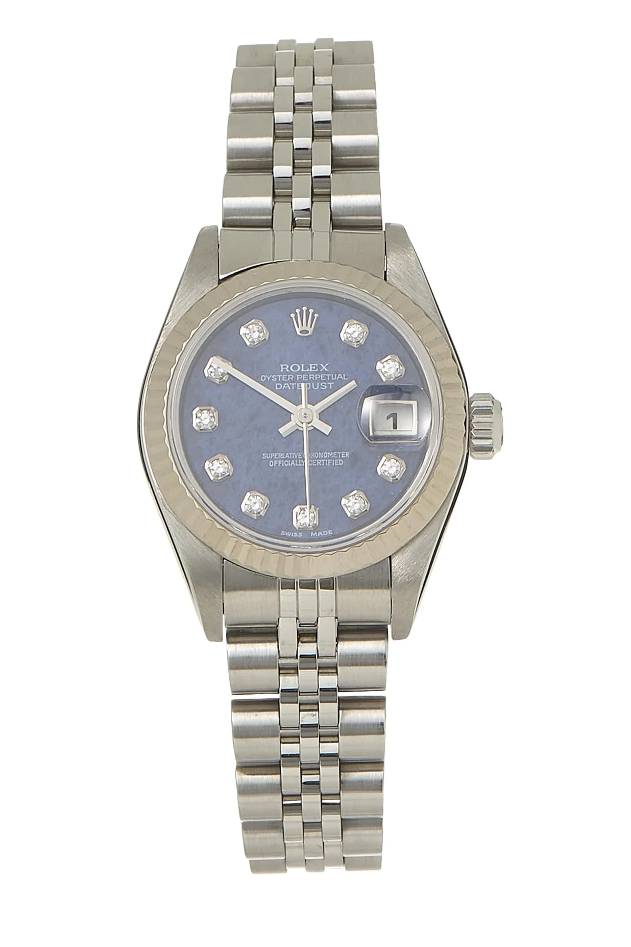 Rolex Lady-Datejust 26 79174 (steel, white gold fluted bezel, sodalite diamond dial)