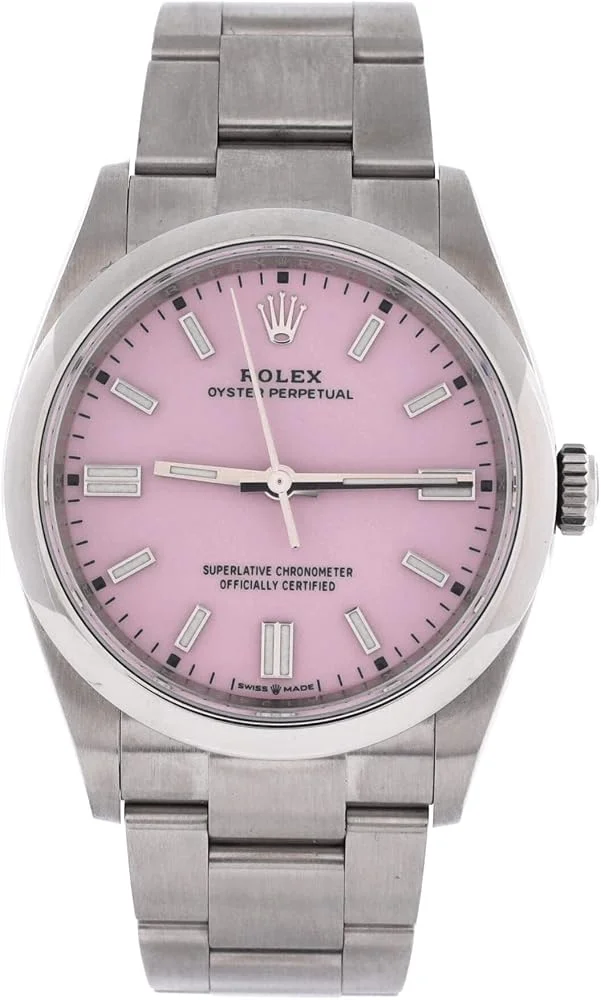 Rolex Oyster Perpetual 36 (steel, candy pink dial, Oyster bracelet, dated warranty card, pre-owned) — reference photograph