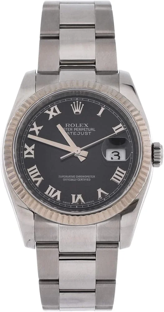 Rolex Datejust 36 (steel, white gold fluted bezel, black Roman dial, Oyster bracelet, pre-owned) — reference photograph