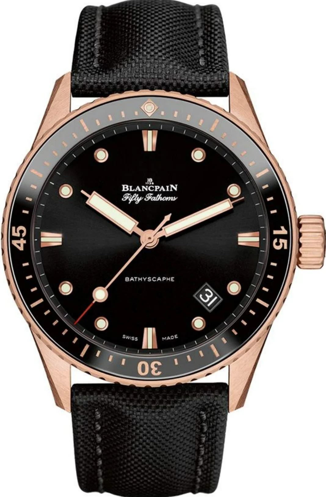 Blancpain Fifty Fathoms Bathyscaphe 5000-36S30-B52A (18k red gold, black ceramic bezel, sail-canvas strap)