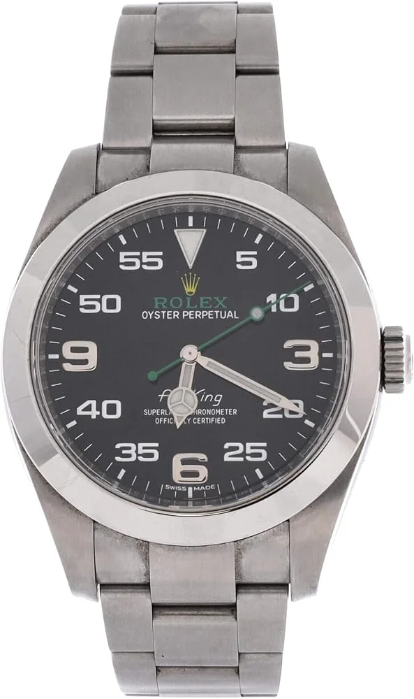 Rolex Air-King 40 (steel, black dial with green Rolex text, Oyster bracelet, box and dated warranty card, pre-owned) — reference photograph