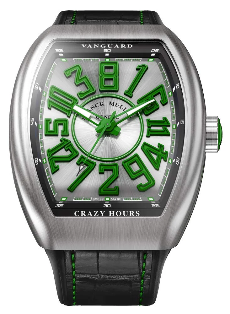 Franck Muller Vanguard Crazy Hours V 45 CH BR (green) (brushed steel, green numerals, black alligator strap with green stitching)