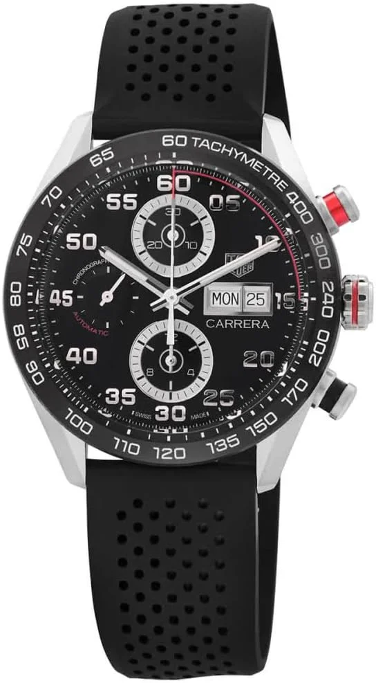TAG Heuer Carrera Chronograph 44mm CBN2A1AA.FT6228 (steel, ceramic tachymeter bezel, black day-date dial, perforated rubber strap, Calibre 16) — reference photograph