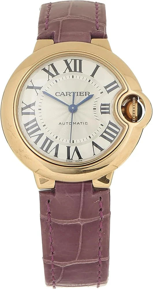 Cartier Ballon Bleu de Cartier 33mm (18k rose gold, silvered guilloche dial, automatic, purple alligator strap, pre-owned) — reference photograph