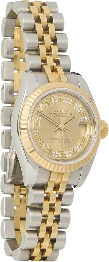 Rolex Lady-Datejust (steel and 18k yellow gold, champagne dial with pave diamond track and Roman numerals, fluted bezel, Jubilee bracelet, box and papers, pre-owned) — reference photograph