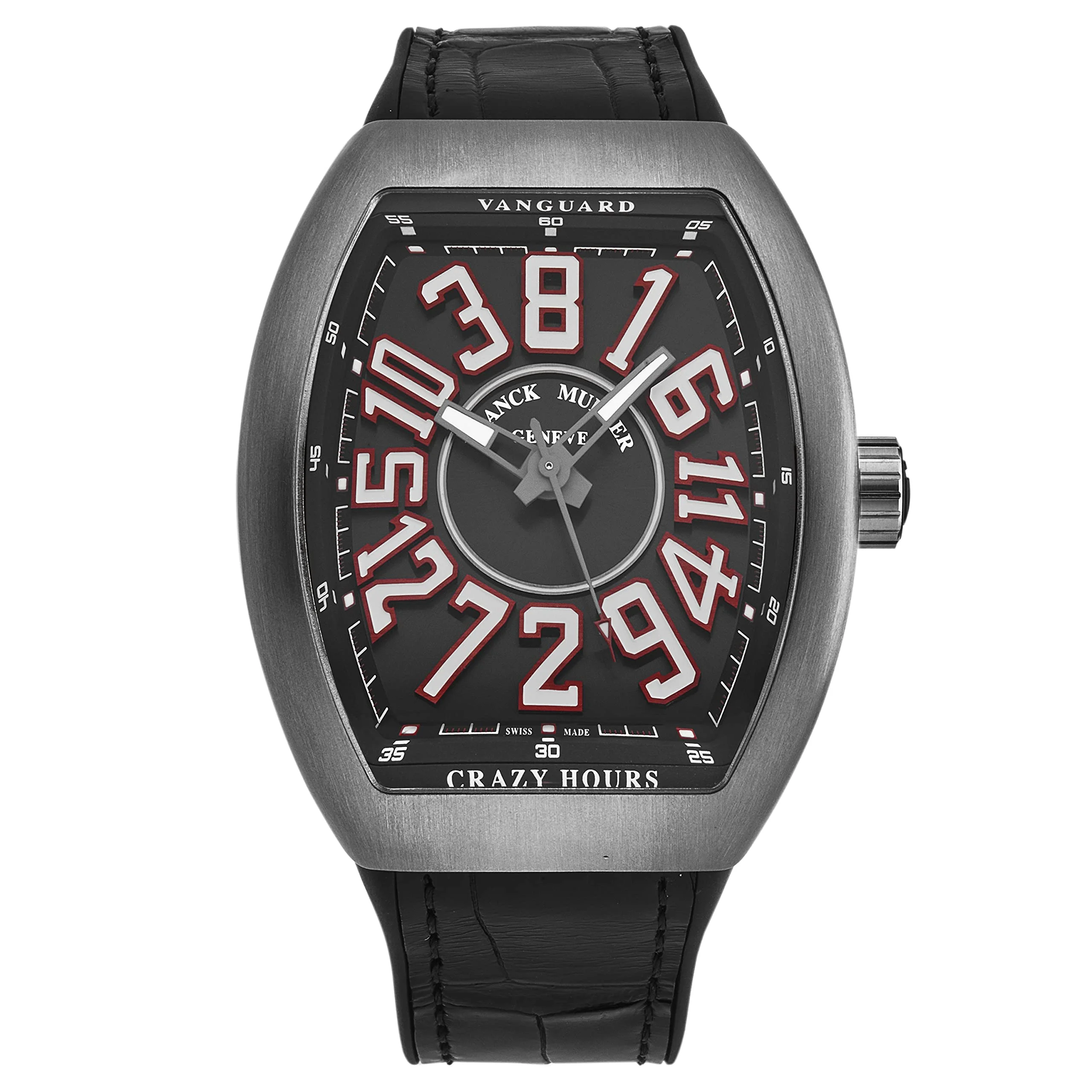 Franck Muller Vanguard Crazy Hours V 45 CH TT (black dial, white numerals outlined in red, black alligator-grain leather-insert strap)