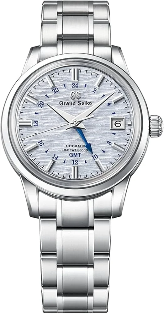 Grand Seiko Elegance Hi-Beat GMT SBGJ249 "Shosho" (39.5mm steel, 9S86 36,000 vph, blue-white wave dial, steel bracelet) — reference photograph