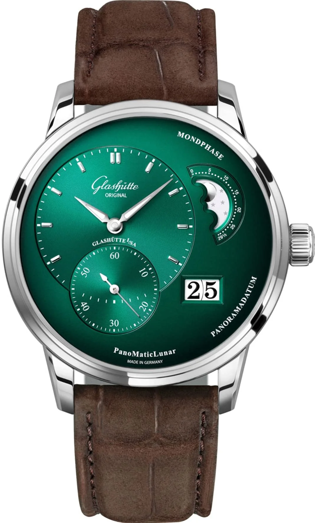 Glashütte Original PanoMaticLunar 1-90-02-13-32-31 (steel, forest green dial, nubuck alligator strap)