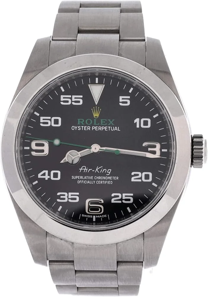 Rolex Air-King 40 (steel, black dial with green Rolex text, Oyster bracelet, dated warranty card, pre-owned) — reference photograph