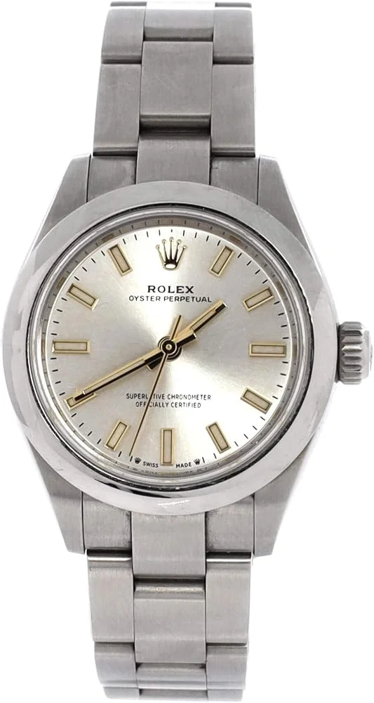 Rolex Oyster Perpetual 28 (steel, silver dial, Oyster bracelet, box and dated warranty card, dings noted, pre-owned) — reference photograph