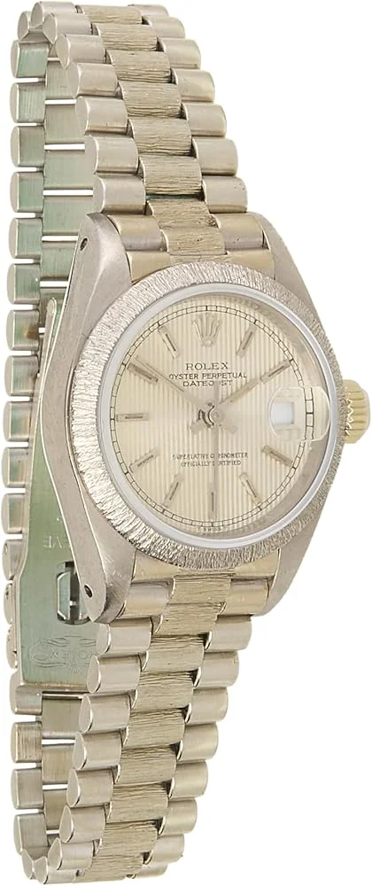Rolex Lady-Datejust 26 ref. 69179 (18k white gold, bark-finish bezel and President bracelet, silver tapestry dial, pre-owned) — reference photograph