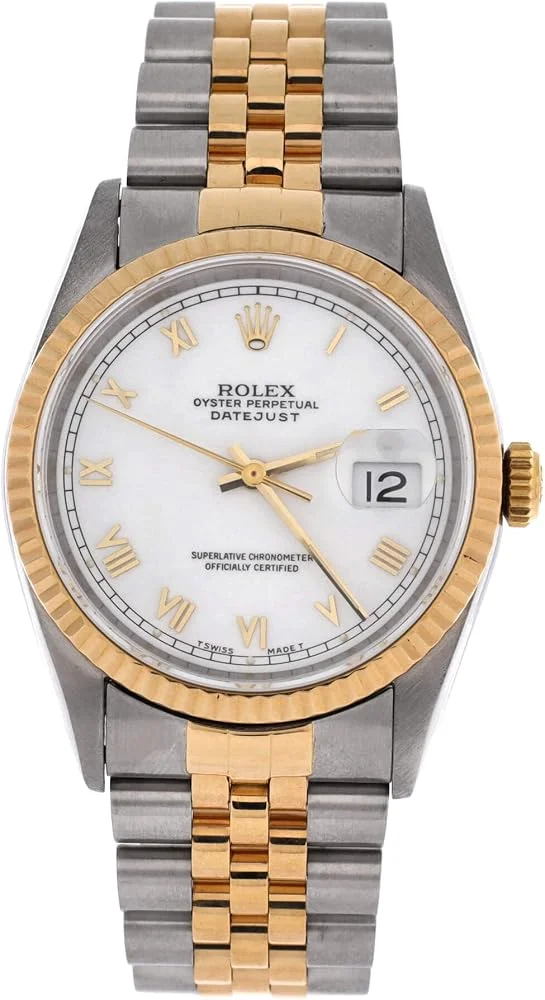 Rolex Datejust 36 (steel and 18k yellow gold, white Roman dial, fluted bezel, Jubilee bracelet, no accessories, pre-owned) — reference photograph