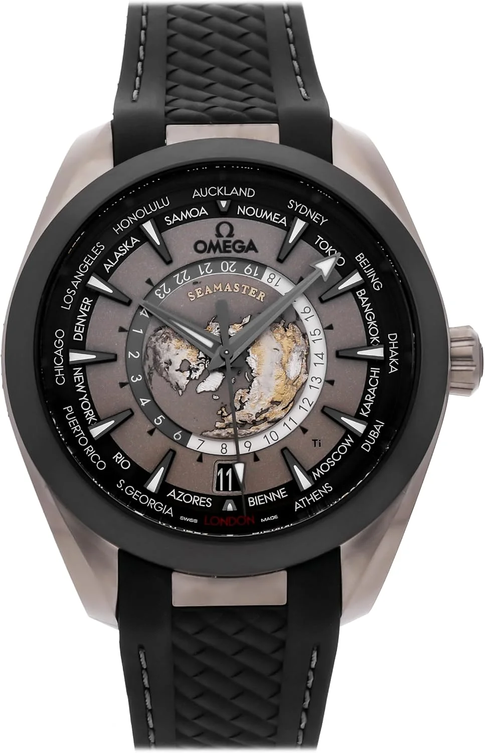 Omega Seamaster Aqua Terra 150M Worldtimer 43mm 220.92.43.22.99.001 (grade 5 titanium, grey dial with world map, black rubber strap, listed as pre-owned) — reference photograph