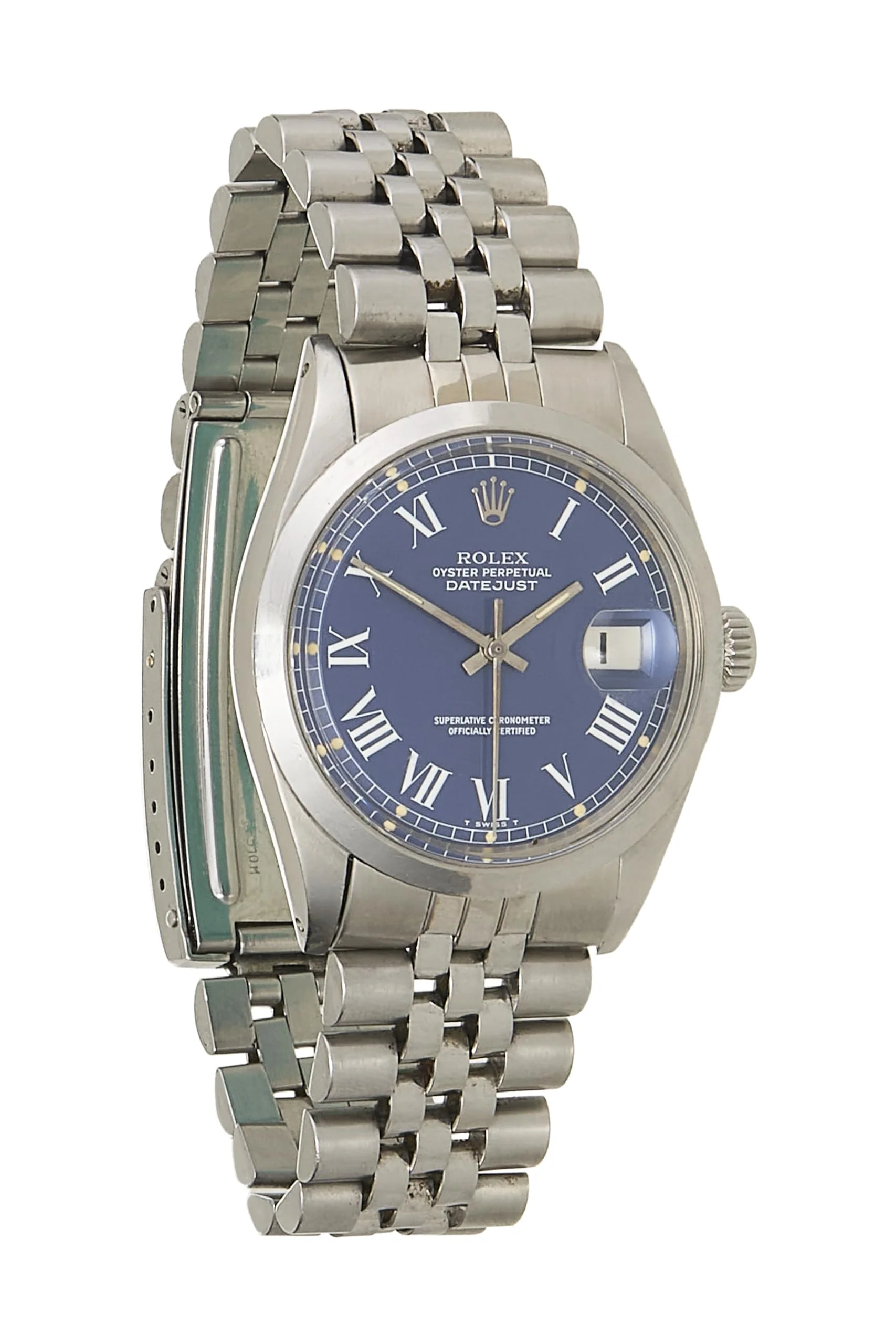 Rolex Datejust 1600 (steel, smooth bezel, blue Buckley dial, about 1971, box)
