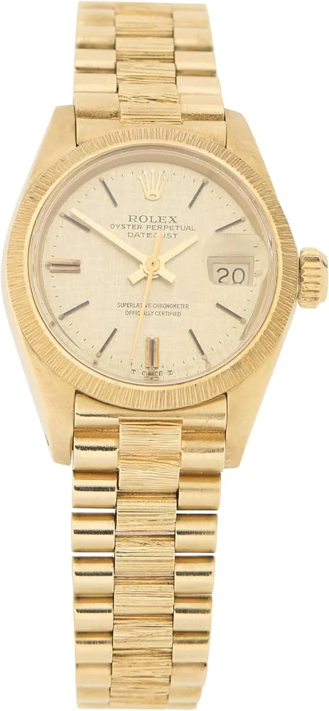 Rolex Lady-Datejust 26 ref. 6927 (18k yellow gold, bark-finish bezel and President bracelet, linen dial, pre-owned) — reference photograph