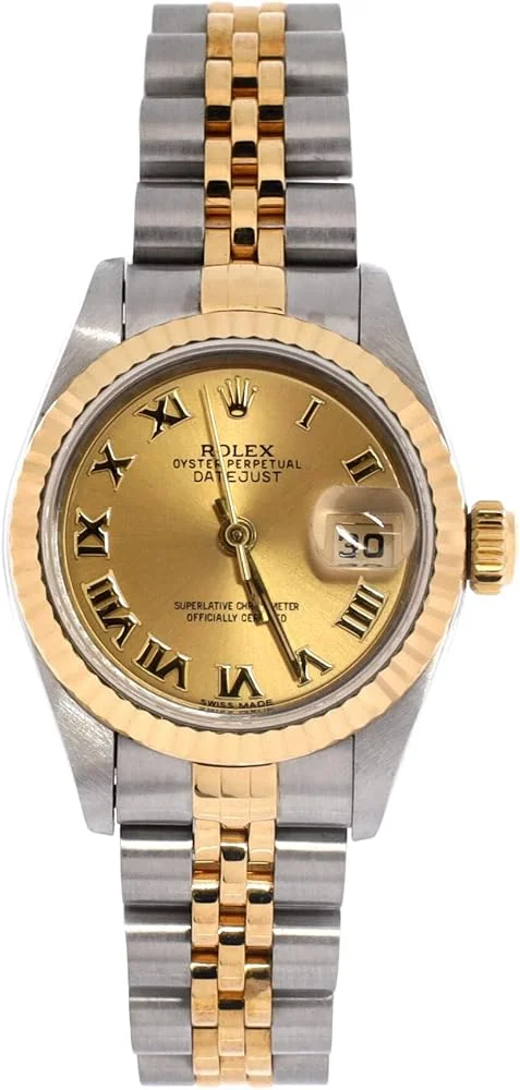 Rolex Lady-Datejust 26 (steel and 18k yellow gold, champagne Roman dial, fluted bezel, Jubilee bracelet, pre-owned) — reference photograph