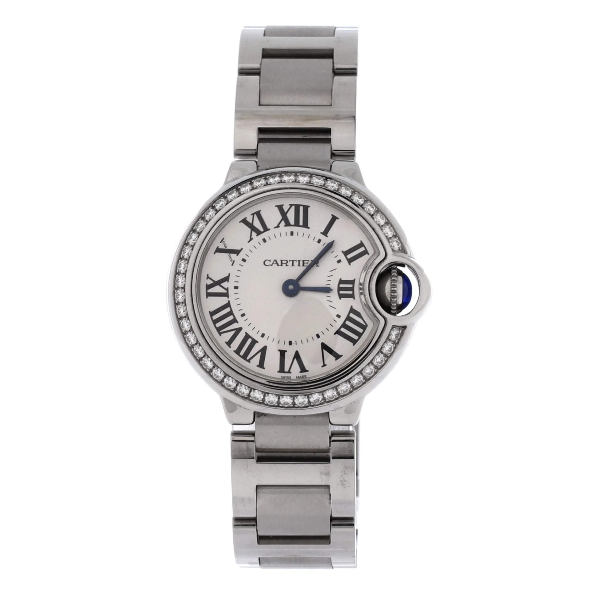 Cartier Ballon Bleu de Cartier 28mm quartz (steel, diamond-set bezel, silver dial, steel bracelet)