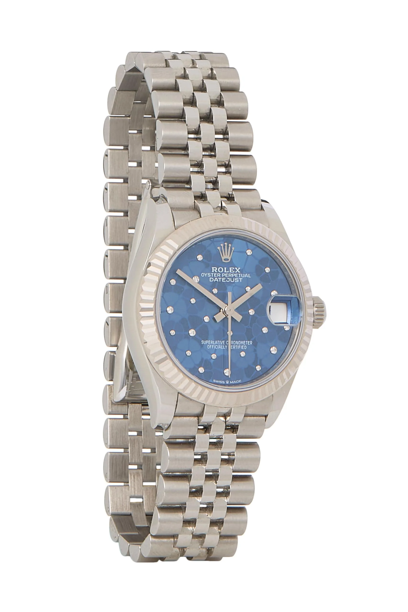 Rolex Datejust 31 278274 (steel, white gold fluted bezel, blue floral dial, Jubilee)