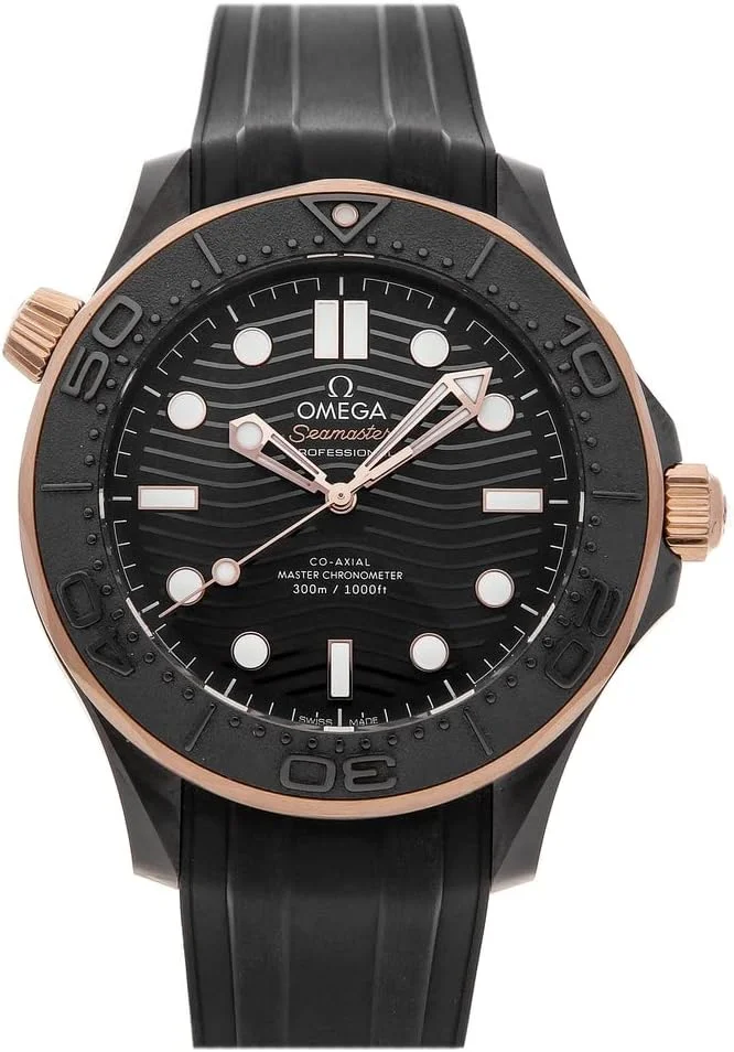 Omega Seamaster Diver 300M 43.5mm 210.62.44.20.01.001 (black ceramic case, Sedna gold bezel and crown, black ceramic dial, black rubber strap, one left) — reference photograph