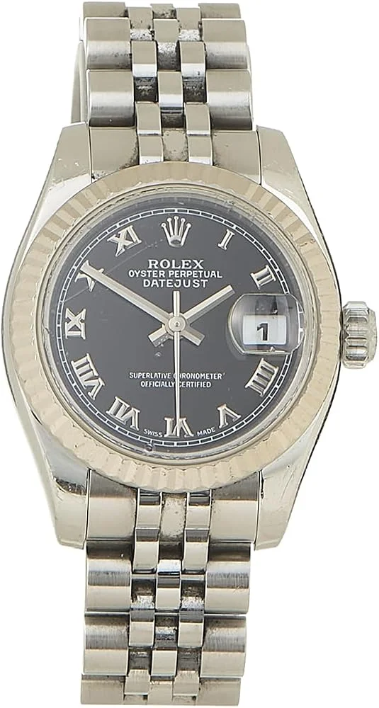 Rolex Lady-Datejust 26 ref. 179174 (steel, white gold fluted bezel, black Roman dial, Jubilee bracelet, pre-owned) — reference photograph