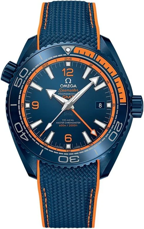 Omega Seamaster Planet Ocean 600M "Big Blue" GMT 45.5mm 215.92.46.22.03.001 (blue ceramic case and dial, orange accents, blue rubber strap) — reference photograph