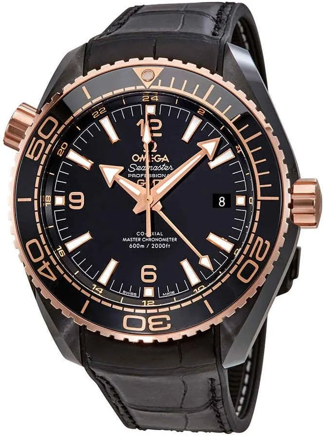 Omega Seamaster Planet Ocean 600M "Deep Black" GMT 45.5mm 215.63.46.22.01.001 (black ceramic, Sedna gold bezel and crown, black dial, rubber-lined leather strap, no longer available from Omega) — reference photograph