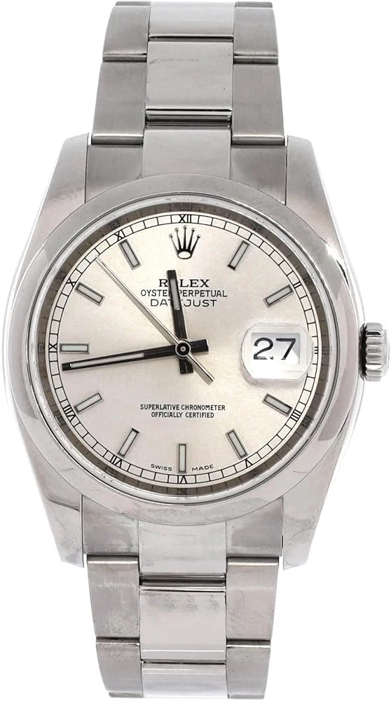 Rolex Datejust 36 (steel, smooth bezel, silver dial, Oyster bracelet, box and dated warranty card, pre-owned) — reference photograph