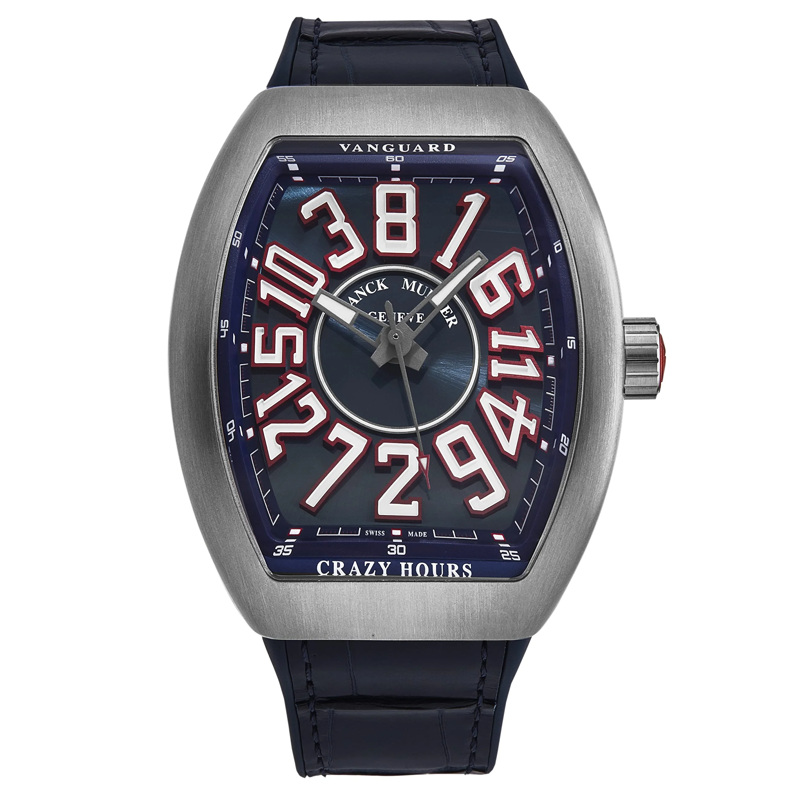 Franck Muller Vanguard Crazy Hours V 45 CH TT (blue dial, white numerals outlined in red, blue alligator-grain leather-insert strap)