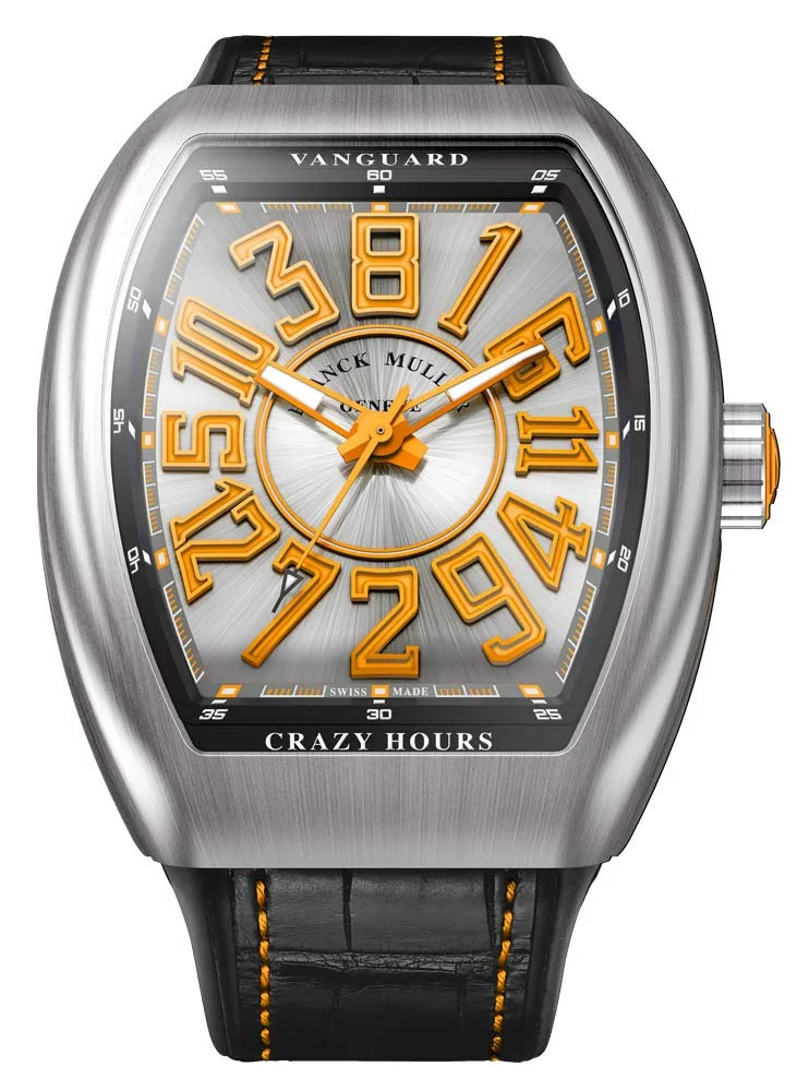 Franck Muller Vanguard Crazy Hours V 45 CH BR (orange) (brushed steel, orange numerals, black alligator strap with orange stitching)