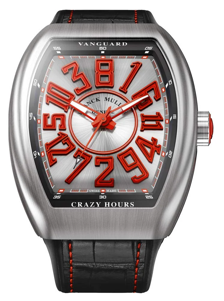 Franck Muller Vanguard Crazy Hours V 45 CH BR (brushed steel, red numerals, black alligator strap)