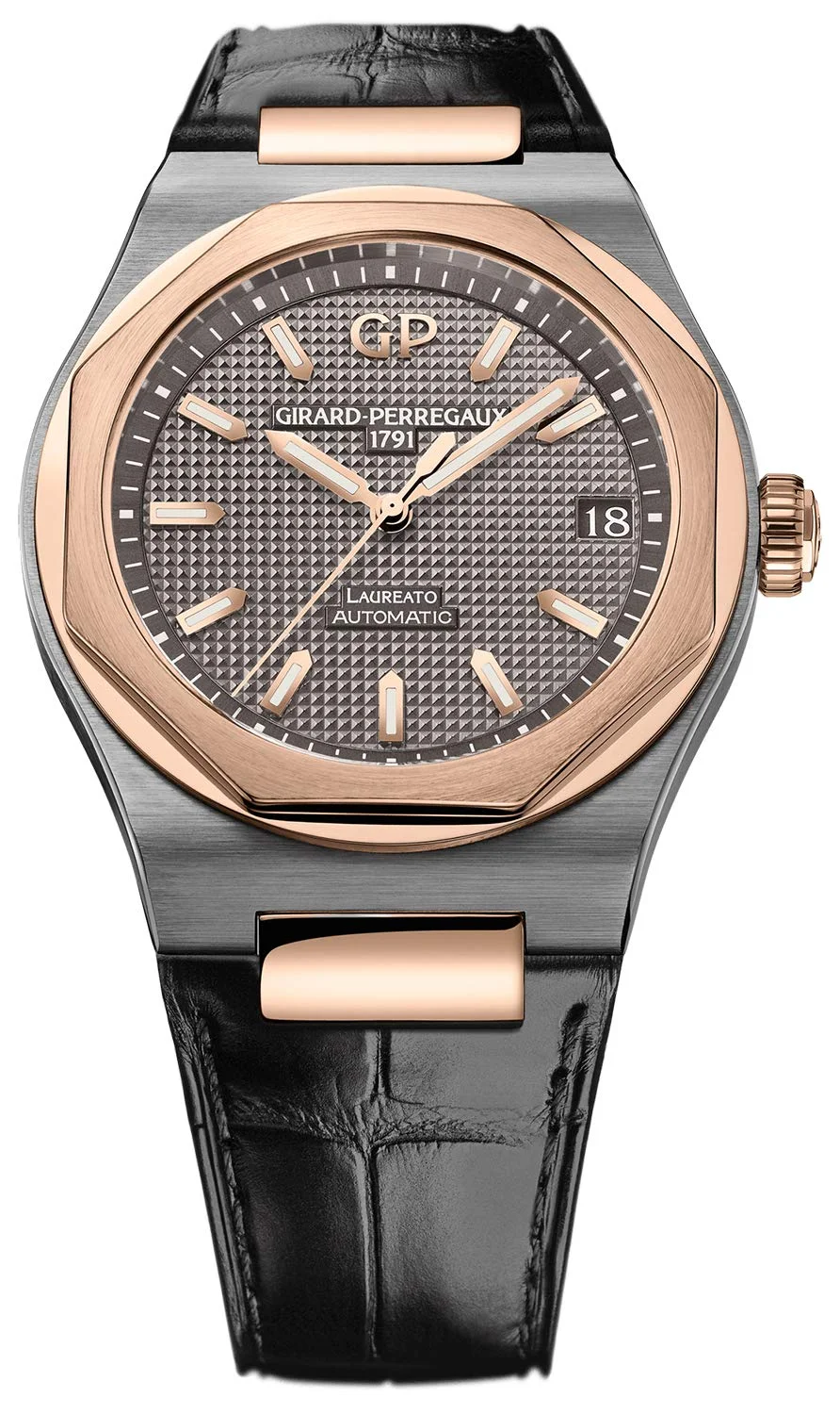 Girard-Perregaux Laureato 42 (titanium and pink gold, grey Clous de Paris dial, alligator strap)