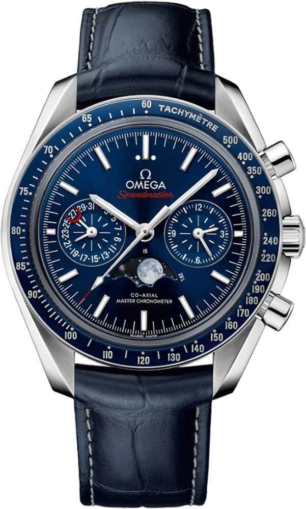 Omega Speedmaster Moonphase Master Chronometer 44.25mm 304.33.44.52.03.001 (steel, blue ceramic bezel, blue dial, blue alligator strap) — reference photograph