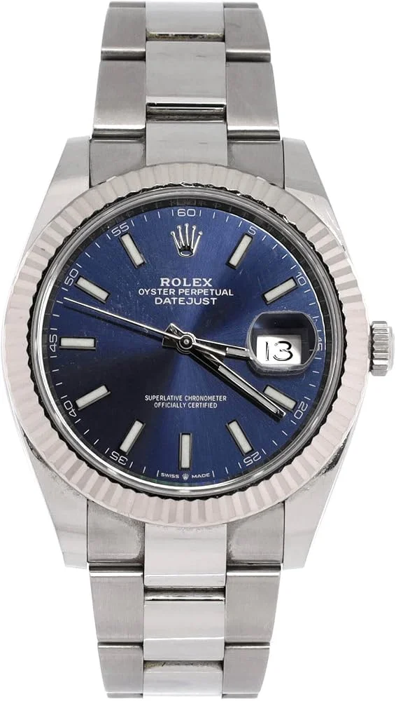 Rolex Datejust 41 (steel, white gold fluted bezel, blue dial, Oyster bracelet, dated warranty card, pre-owned) — reference photograph