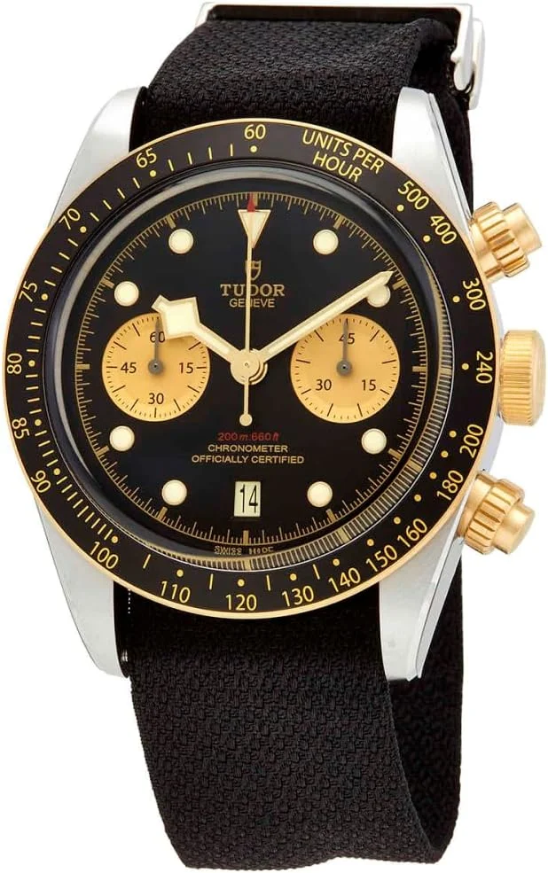 Tudor Black Bay Chrono S&G 41mm M79363N-0003 (steel and yellow gold bezel, black dial, black fabric strap) — reference photograph