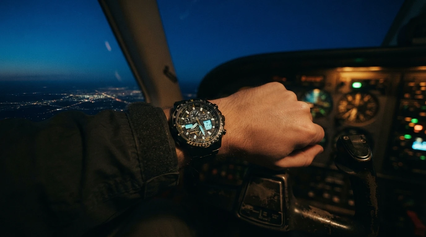 Illustrative render of the Citizen Promaster Skyhawk A-T worn on a pilot's wrist at the yoke of a night flight deck